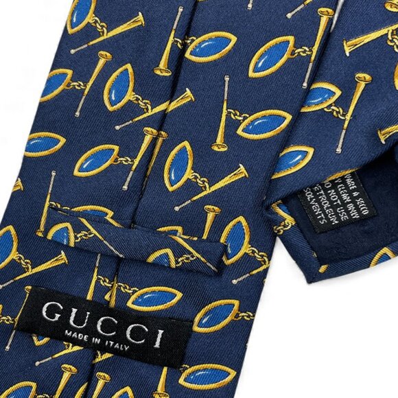Gucci Silk Tie Italy Made Vintage Horsebit Blue Gold Starter Horn Horse Racing - Picture 4 of 7